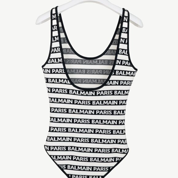 Balmain Black & White Knit All-Over Logo-Stripe Bodysuit - Picture 3 of 9